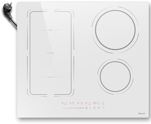 Plaque de Cuisson Induction Encastrable 4 Feux Fiche avec prise, Plaque Electrique 60cm 3500W, 9 Niveaux, Fonction Boost et Isolation, Minuterie, Fonction Anti-Touch,Blanche