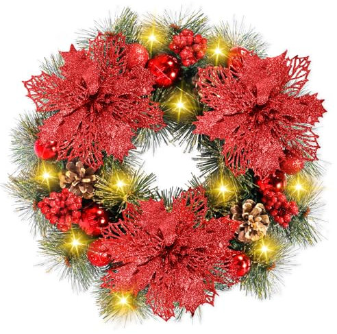 BUOAZR Couronne de Noël, 30cm Couronne de Noël Piles avec 30 LED, Suspendue Artificielle,en Poudre d'or, Lumineuse Decoration pour Porte Entrée
