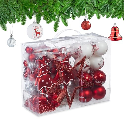 Relaxdays Weihnachtskugeln 103er Set, Kunststoff, rot/weiß | Weihnachtsbaumdeko mit Baumkugeln, Spitze & Perlenketten