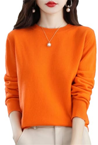 Suéter básico de manga larga con cuello redondo para mujer, 100 % lana merino, jersey de punto, tops, naranja, L