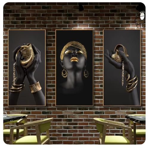 Schwarze afrikanische Frau, Leinwand-Poster und Drucke, Schwarze Hand, die goldenen Schmuck hält, Gemälde, Wandkunst, Bilder für die Inneneinrichtung, 40 x 80 x 3 cm, ungerahmt