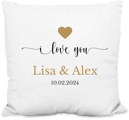True Statements Kissen personalisiert mit Namen und Datum „I Love You“ - 40x40cm, inkl. Kissen-Füllung | Geschenk-Idee, Zierkissen Deko (strukturiert)