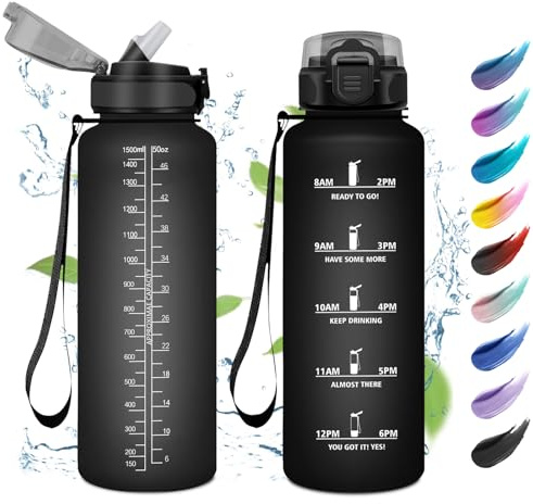 Trinkflasche Sport 1.5L, Auslaufsicher Wasserflasche Kohlensäure Geeignet, Trinkflasche mit Zeitmarkierung, Wasserflasche mit Strohhalm, Sportflasche für Oudoor, Sprudel, Camping, Fahrrad, Sport