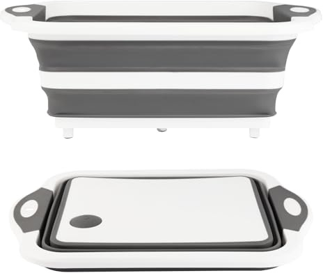 GuanBoXin Bassine pliable de 10 L avec bouchon de vidange - Planche à découper - Pour cuisine, linge, pique-nique, camping (gris)
