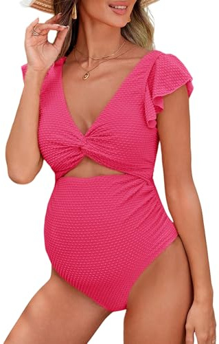 FEOYA Maternity Puffle One Piece Badkläder Front Cross Pregnance baddräkt sommar bikini Badkläder dräkt för graviditet S–XL, ROSA, M