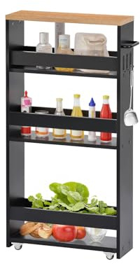 FetiNes Carrello di Servizio a 4 Ripiani, Carrello Cucina Salvaspazio con Ruote, Stretto, Maniglia, Carrellino Piccoli Spazi, Cucina Bagno Soggiorno, Rovere e Nero