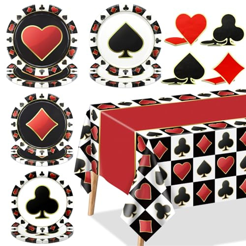 Set di piatti per feste di compleanno a tema casinò, per 20 ospiti, con tovaglia, tovaglioli e piatti da poker, decorazioni per feste a tema casinò, giochi e baby shower