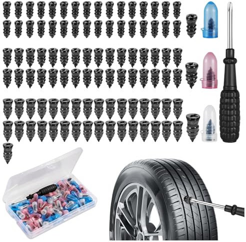 Audasi 100 Pezzi di Chiodi per Riparazione Pneumatici, Chiodo in Gomma per Riparazione Pneumatici con Cacciavite Kit Crevaison Voiture Réparation Pneu per Auto Moto e Veicoli Tools