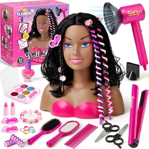 Tacobear Testa Bambola da Truccare e Pettinare con Smalto Unghie Trucchi Asciugacapelli Giocattolo Piastra Accessori per Capelli Set Parrucchiera Giochi Bambina Regalo 3 4 5 6 7 8 Anni