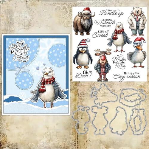 Sredwtk Tiere im Winter Weihnachten Stempel und Stanzen Set,Silikonstempel und Stanzen Set,Stanzschablonen und Stempelset,Clear Stamp und Stanzschablone Für DIY Scrapbooking Fotoalbum Dekor Karten