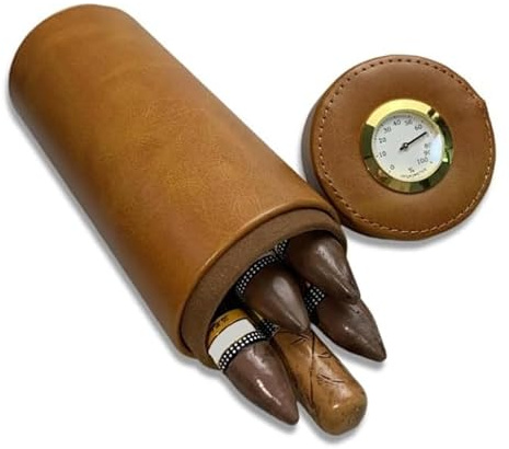 Travel Leather Cigar Humidor Tube with Spanish Cedar Lining & Hygrometer - Compact Case for 1-5 Cigars, Classic Tan Finish, Humidity Control