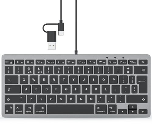 TECURS Wired Keyboard for Mac, QWERTY UK Layout Mini Keyboard for Mac OS with USB A and Type C 2-in-1 Connector for Apple iMac, MacBook Pro/Air, Mac Pro, Mac Mini, Black