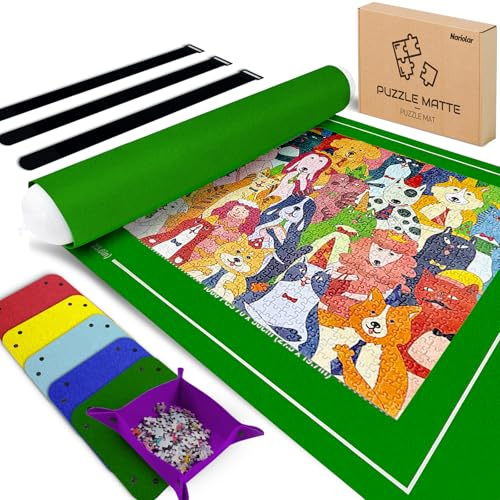 Nariolar Puzzlematte mit 6 bunten Filzsortierschalen - Puzzle Matte Roll 500/1000/1500 Teile, Praktisches Zubehör für die Aufbewahrung und den Transport von Puzzles（Grün）