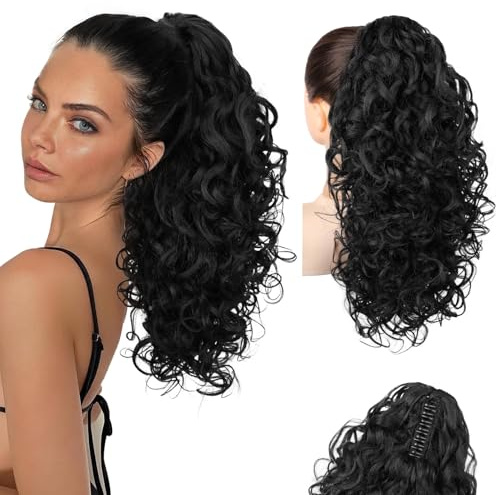 Flufymooz Ponytail Extension, 46 cm Pferdeschwanz Haarverlängerung, 100% reine Proteinseide, weiches, natürlich aussehendes synthetisches claw clip Pferdeschwanz Haarteil-Natürlich Schwarz