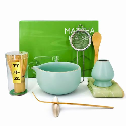 Lumanothy Matcha Set, 8-teiliges Matcha Besen Set mit Matcha Schale, Bambus Matcha Whisk, Besenhalter, Sieb, Löffel, Löffelhalter, Teelöffel, Teematte, Matcha-Kit für Matcha-Liebhaber (Mintgrün)