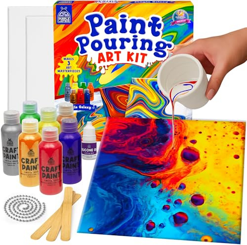 PURPLE LADYBUG Paint Pouring Art Kit for Ages 6-12 (Jungle Galaxy) - BPA Free Arts and Crafts for Kids with Canvas Boards, 7 Paints & Tools - Birthday Gift for Girls & Boys Age 6 7 8 9 10