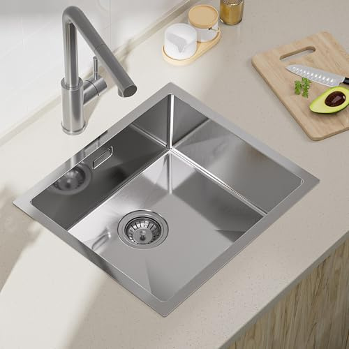 CECIPA Fregadero Cocina 50x44cm, Fregadero bajo Encimera o Sobre Encimera, Fregadero de Acero Inoxidable con Sifón y Rebosadero