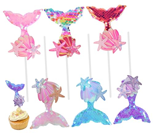 CLISPEED 6 Stück Meerjungfrau Cake Picks aus Stabile Glänzende Torten Deko für Geburtstagsfeier Hochzeit Shower Vielseitige Unterwasser Party Tortendekoration