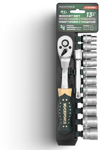 ROCKFORCE Steckschlüsselsatz 3/8 Zoll 13-tlg mit Ratsche als Umschaltknarre, Verlängerung und 11 Nüssen 8–19 mm aus Chrom-Vanadium Stahl im kompakten Koffer