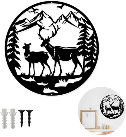 AXXIMENG Metal Forest Wall Art - Deer Decor Creative Art Crafts Hanging Ornaments Wall Decoration Silhouette Black Metal Wall Art for Indoor Outdoor Home Garden Bedroom Living Room Kitchen