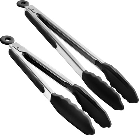 Doosu Silicone Kitchen Cooking Tong, 315℃ Heat Resistant, 23+30cm, Black | Rubber Tipped, Non Scratch with Locking, Non Slip Grip, Heavy Duty Utensil, for Pasta Steak Spaghetti Serving Camping Buffet