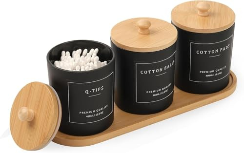Glas Wattestäbchen Behälter mit Bambus Tablett, 400ml Badezimmer Organizer Set für Wattepads, Zahnseide Sticks, Haargummis & Schminktisch Aufbewahrung, Wattepadspender mit 28 Etiketten (Schwarz-3er)
