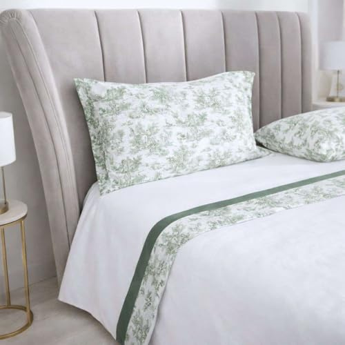 RICAMI FIORENTINI BALDI Completo letto in cotone 100% con balza Toile de Jouy. Prodotto artigianale. Misure modificabili. (matrimoniale maxi, verde chiaro)