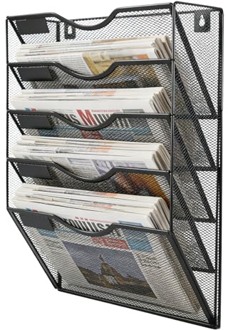 Porfoyo 5 fack tidningshållare vägg, metall A4 tidningshållare, montera metall A4, hängande flik tidningsställ vägg, vägghållare arkivfack för dokument, tidskrifter, svart