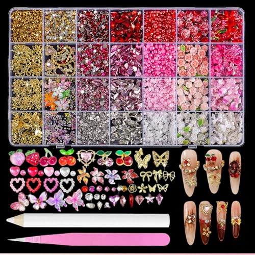 Tastetreasure Kit da 6000+ pezzi di charm e gemme per nail art, set di 28 griglie di rhinestone 3D per unghie con fiocchi, farfalle e fiori, kit professionale per decorazione con penna raccoglitrice e