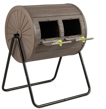 HOMASIS 142 L Trommelkomposter aus PP & Metall, 360° drehbarer Schnellkomposter mit 2 Kammern, Thermokomposter mit 2 abschließbare Türen, Kompostbehälter für Küche & Garten, 70 x 63 x 92 cm (Braun)