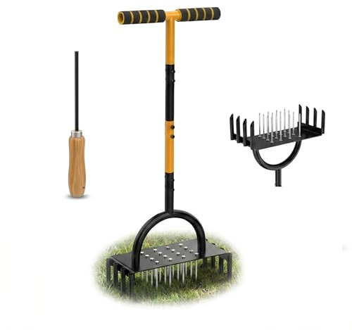 Wizshin Aérateur de pelouse Manuel 2 en 1, avec 16 Pointes et 8 Carottes Creuses, 98 cm, avec Barre d’Appui et poignée en T, Outil léger pour aérer Les pelouses compactes (Black)