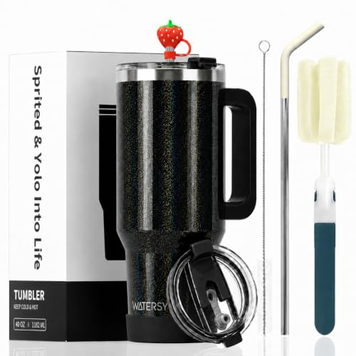 LeuKoles Watersy-termosmugg på 40 oz med handtag och sugrör, dubbelväggig rostfritt stål kaffemugg to Go (34 timmar kallhållande), vakuummuggar för te, kalla drycker och kaffe (svart)