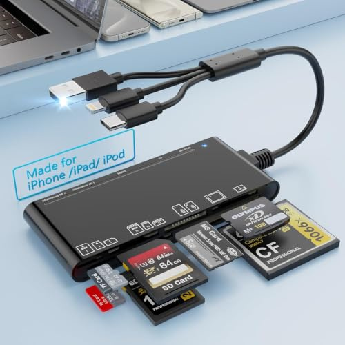 Lecteur de Cartes mémoire USB 3.0 7-en-3, Adaptateur USB-C Haute Vitesse 5 Gbit/s, Hub Multi-Cartes SD, CF, XD, Micro SD, TF, MS, Compatible iPhone 17, MacBook, Samsung, Windows, Mac OS, Linux