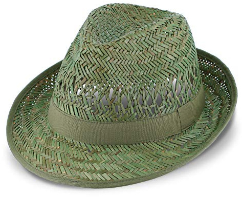 fiebig Gartenhut Strohtrilby für Damen & Herren | Sonnenhut in klassischem Look | Sommerhut mit Ripsband, Innenband & Einfass an der Krempe | Verschiedene Größen | Farbe Grün