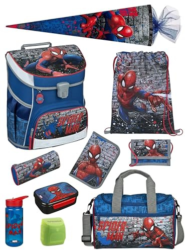 Familando - Scooli Campus Fit Schulranzen Set mit Spiderman - 10-teilig mit Schultüte - Ergonomisch, Stabil & 980g leicht - 18L Volumen - Brustgurt & Reflektoren - ab 1. Klasse