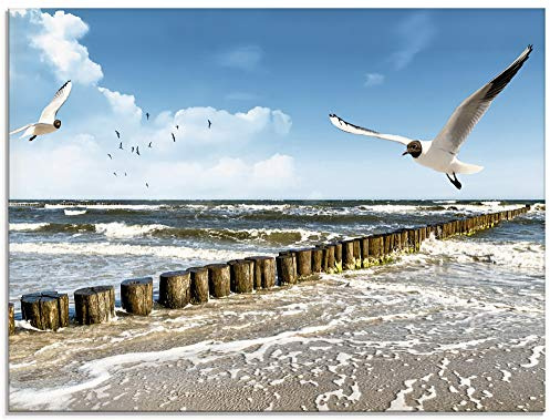 ARTland Wanddeko Glasbilder Wandbild Glas Bild einteilig 80x60 cm Querformat Strand Möwen Meer Wellen Küste Ostsee Sommer Urlaub Natur Landschaft T5QR
