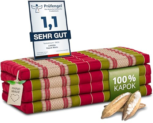 livasia Nachhaltige Klappmatratze aus Kapok - 200x110x8cm - breite Gästematratze, Faltbare Matratze, ökologische Yogamatte, klappbares Gästebett, Liege für Garten und Balkon (Rot/Grün)