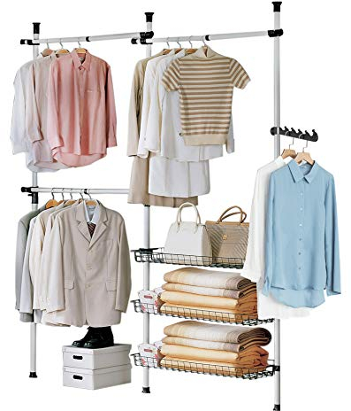 SoBuy Teleskop Kleiderständer, robuster Kleiderstange, verstellbarer offener Kleiderschrank mit Ablagen für Schlafzimmer, Garderobenständer, Weiß FRG34-W