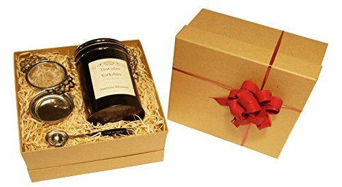 Jasmine Blossom Tea Gift Set Green Loose Leaf Tea Wrapped 100g in Caddy with Tea Strainer and Measuring Spoon by TeaCakes of Yorkshire