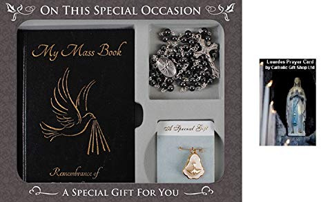 Souvenir of confirmation Gift Set Rosary Beads Mass Book & Rosette + LOURDES PRAYER CARD