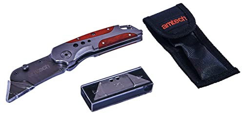 Amtech Folding Lock-Back Utility Knife, Wooden Grip with 5 Spare Blades, for Craft, DIY and Everyday Cutting.
