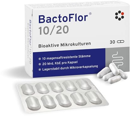 BactoFlor 10/20 – Milchsäurebakterien Kulturen Komplex, 30 Kapseln | 20 Mrd. KbE pro Kapsel bis zum MHD – magensaftstabil – mit Inulin – laktosefrei, glutenfrei, histaminfrei, sojafrei