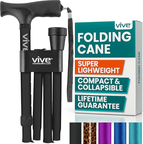 Vive Folding Cane - Lightweight Foldable Walking Stick for Men & Women - Adjustable & Durable for Portable Travel- Collapsible Balancing Mobility Aid - Sleek Ergonomic & Comfortable Handles (Black)