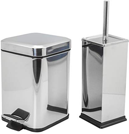 Harbour Housewares Bathroom Bin & Brush Set - Chrome - 2pc Square Stainless Steel Pedal Bin & Toilet Brush Set Slim Small Trashcan for Kitchen Waste, Bathroom Rubbish