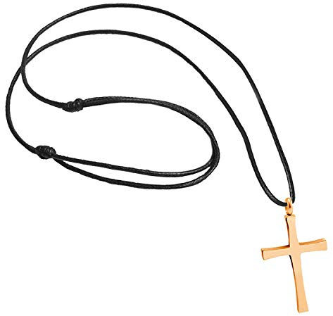 555Jewelry Stainless Steel Metal Cross Adjustable Black Leather Cord Unisex Women Men Religious Christian Vintage Braided Rope Chain Fashion Jewelry Accessory Pendant Necklace, Pink Rose Gold 18 Inch