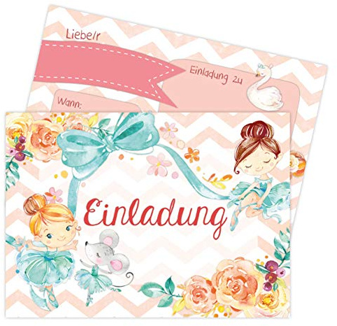 Papierdrachen 12 Einladungskarten zum Kindergeburtstag für Mädchen - Motiv Ballerina - Geburtstagseinladungen für Deine Geburtstagsparty (DIN A6)