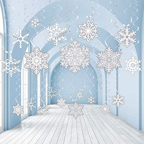 Sumind 30 Stück Winter Schneeflocken Deko für Geburtstag Babyparty Weihnachten Spirale Girlande Schneeflocken Folie Deckenhänger Hängende Wirbel für Winter Neujahr Feiertag Hochzeit (Silbern, Weiß)