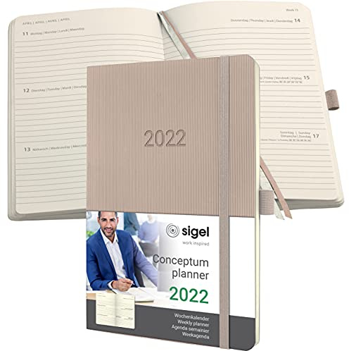 SIGEL C2230 Terminplaner Wochenkalender 2022 - ca. A5 - taupe - Softcover - 192 Seiten - Gummiband, Stiftschlaufe, Archivtasche - PEFC-zertifiziert - Conceptum