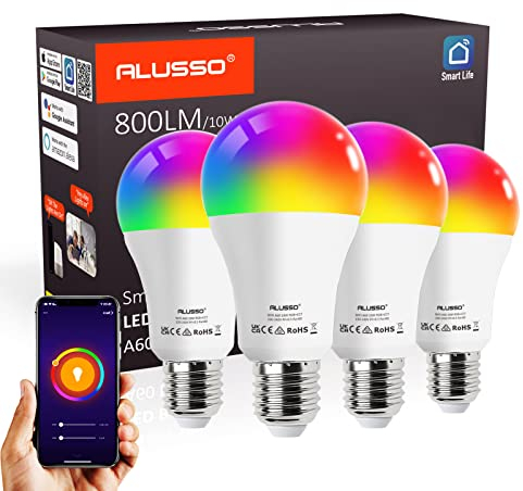 ALUSSO Alexa Glühbirne Smart Lampe E27, WLAN Lampe LED Kompatibel mit Alexa/Google Home, 10W 800LM Dimmbar Warmweiß-Kaltweiß und Mehrfarbige Birne, Kontrolle durch APP, kein Hub benötigt, 4 Stück