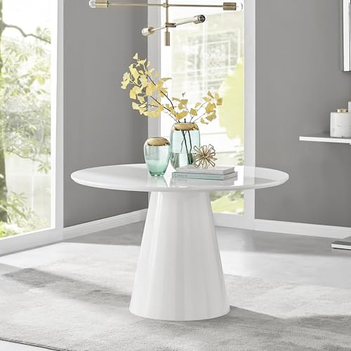 Furniturebox UK Palma White High Gloss Round Pedestal Dining Table – Modern 4 to 6 Seater Circular Kitchen Table – Contemporary Gloss Dining Room Furniture